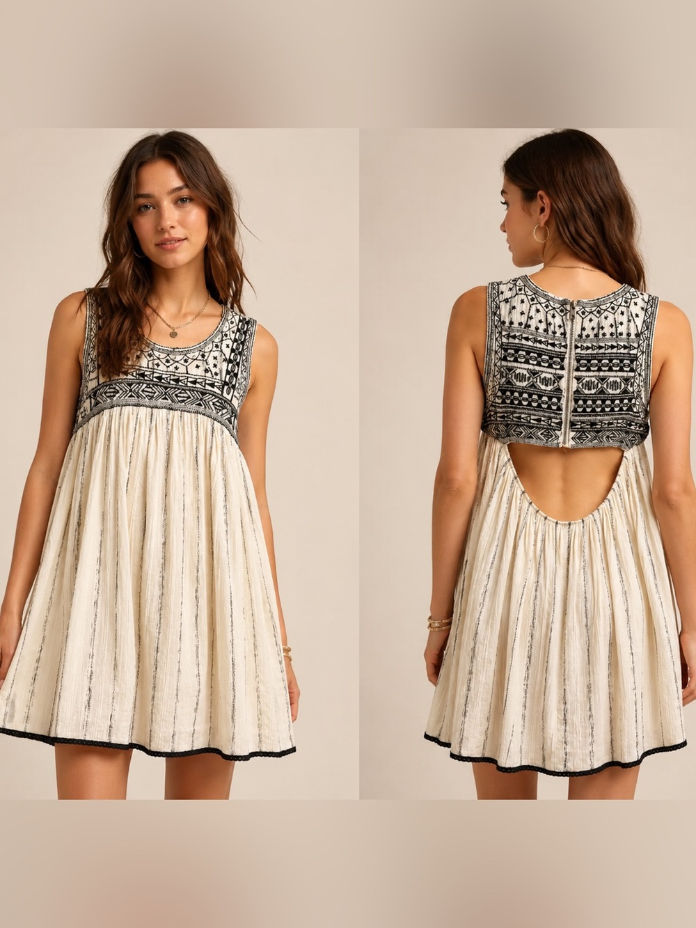 Free People Embellished Beaded Babydoll Mini Dress Ivory Black 0 Boho Festival